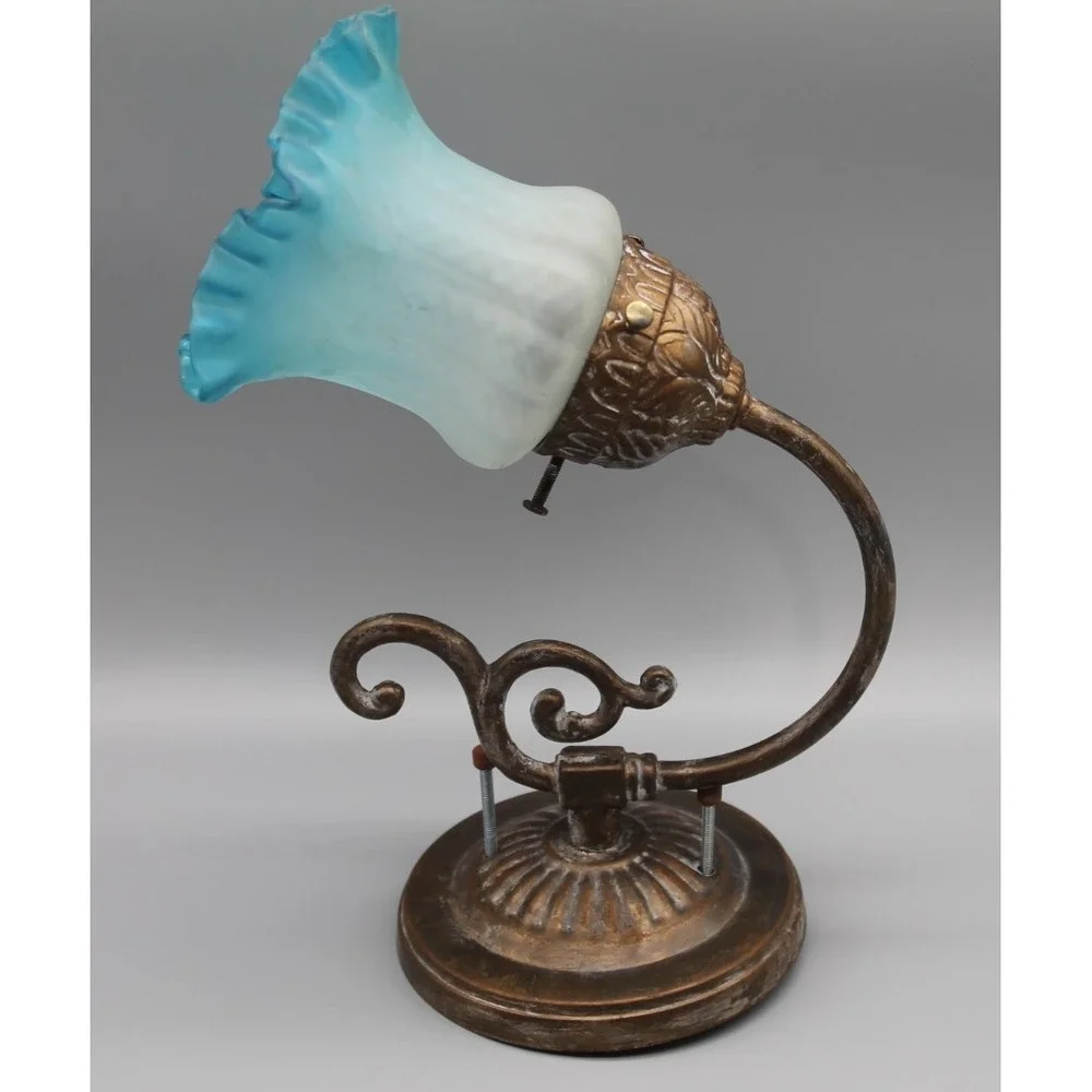 Vintage Art Nouveau Style Wall Sconce Blue Ruffled Glass Shade Bronze Tone